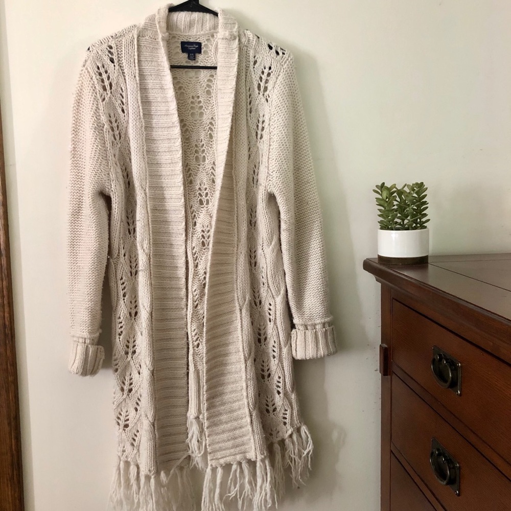 American Eagle Fringe Hem Knit Cardigan Cream XL
